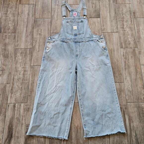 Juicy Couture Wide Leg Denim Overalls Womens 3X Light Wash Raw Hem Logo Retro - Picture 2 of 14
